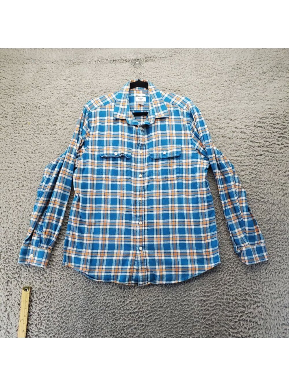 Old Navy Shirt Mens Large Blue Orange Plaid Regular Fit Button Front *Read*